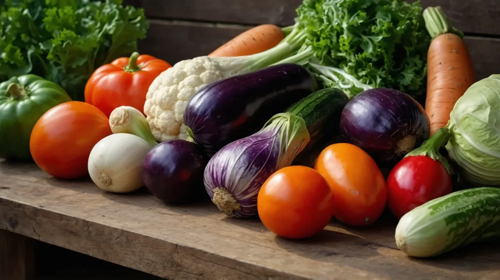 A variety of fresh vegetables, including carrots, bell peppers, tomatoes, and leafy greens, displayed on a wooden board.