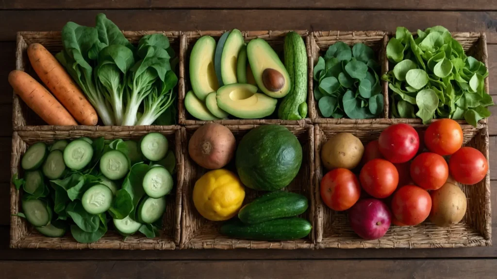 Various fresh vegetables, including tomatoes, carrots, cucumbers, and peppers, are arranged in woven baskets.