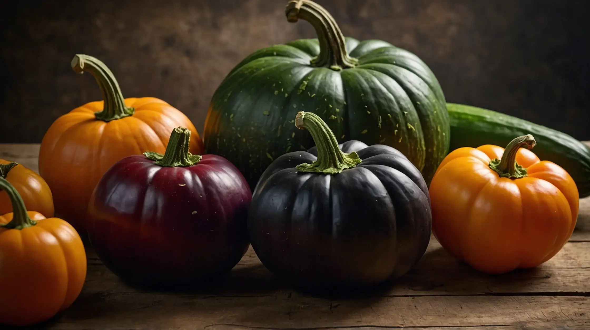 Various pumpkins in different colors and sizes are arranged on a rustic wooden table, showcasing their natural textures.