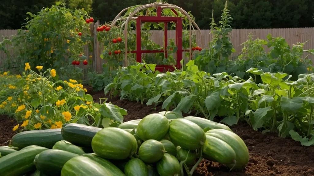 A lush backyard garden filled with thriving tomato plants and zucchini vines, growing under bright summer sunlight.