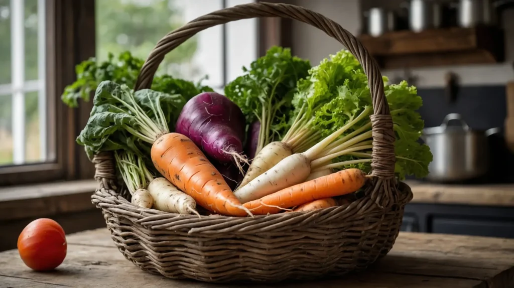 A woven basket filled with fresh root vegetables like carrots, potatoes, beets, and radishes, placed on a rustic wooden table.