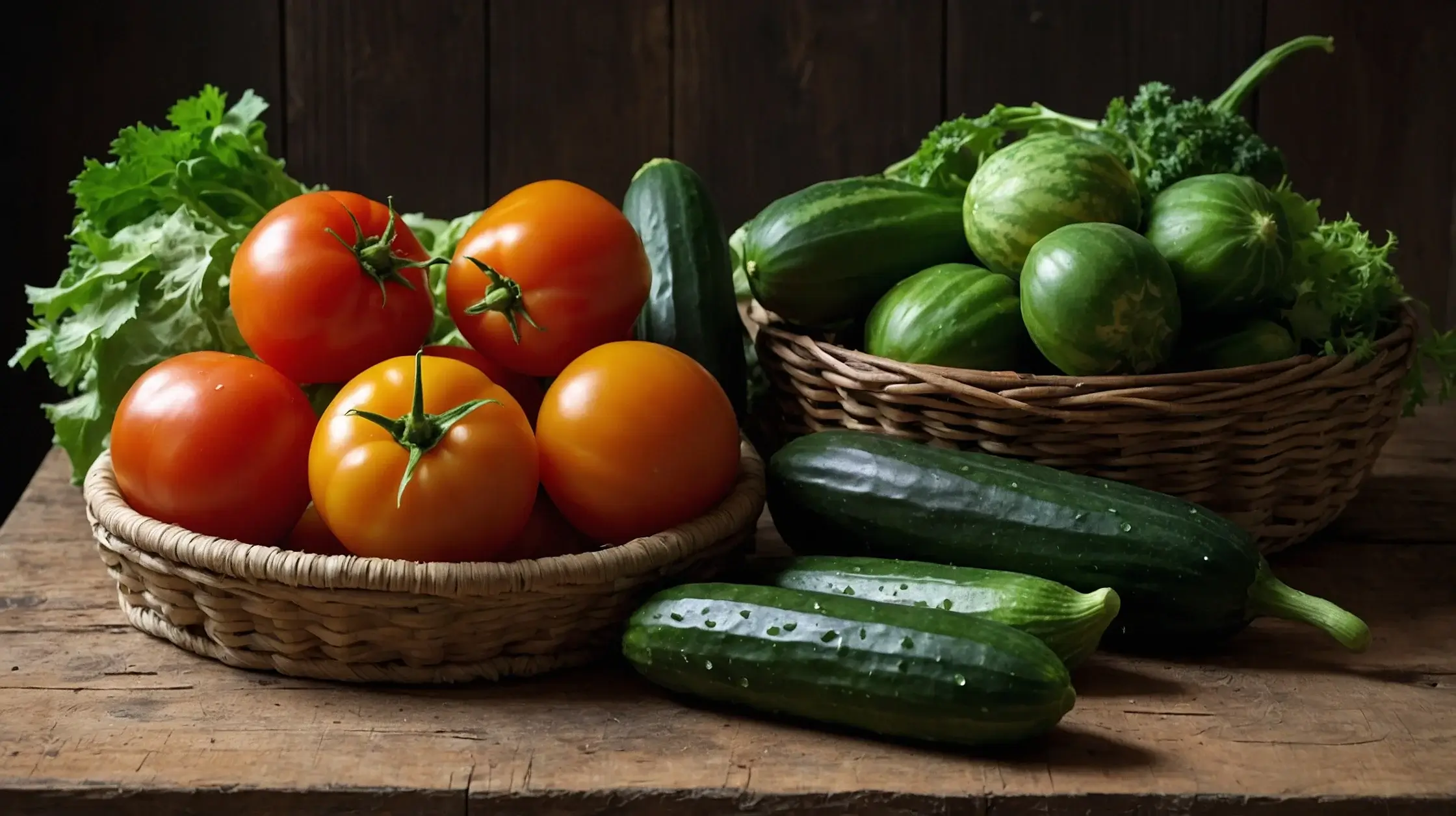 A rustic wooden table with woven baskets filled with fresh vegetables, such as tomatoes, carrots, bell peppers, and lettuce, is arranged naturally in a farmhouse setting.
