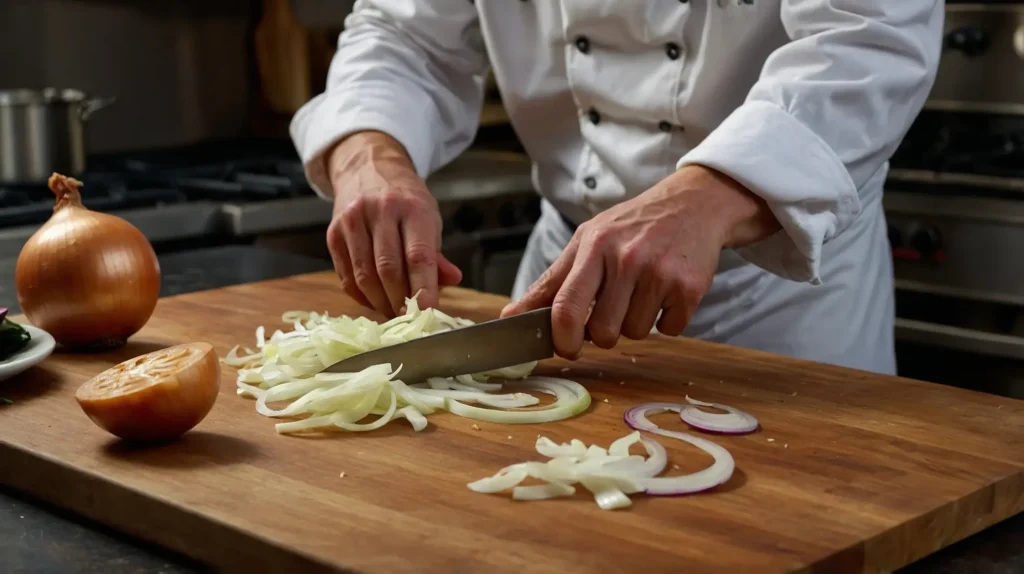 A chef chopping fresh onions on a wooden cutting board, reacting with teary eyes from the strong onion aroma.