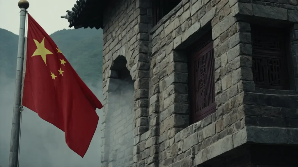 The Chinese flag waving on a flagpole beside an ancient stone building, symbolizing China’s rich history and culture.