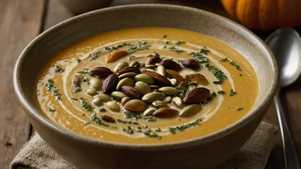 A bowl of creamy pumpkin soup with a spoon, garnished with fresh herbs and pumpkin seeds.