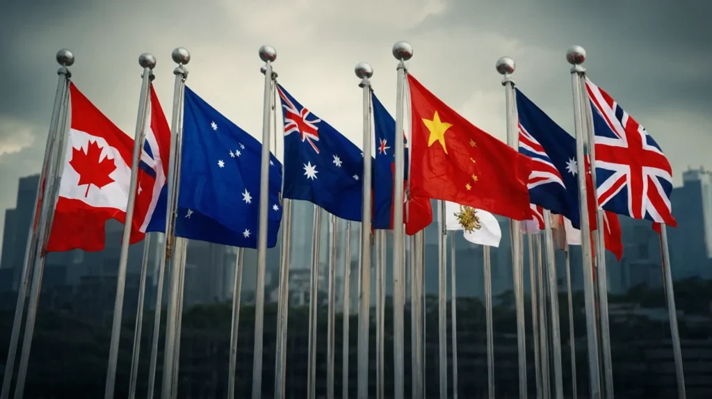 Multiple national flags waving on tall flagpoles against a clear blue sky represent different countries worldwide.