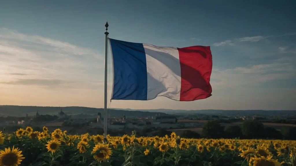 The French flag waving in a sunny field, symbolizing French culture and language, with a bright blue sky in the background.
