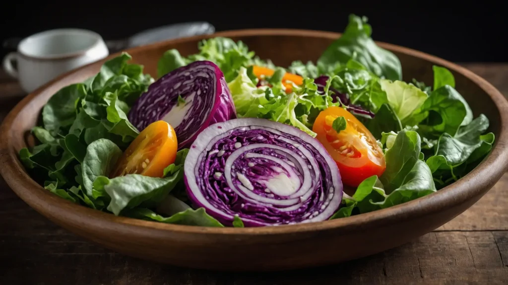A vibrant salad with fresh leafy greens, including spinach, lettuce, arugula, and kale, mixed with cherry tomatoes, cucumbers, and carrots.
