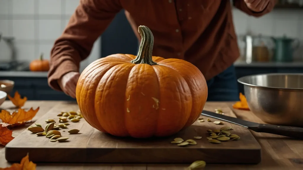 A fresh pumpkin being sliced and prepared in a kitchen, with pumpkin cubes on a cutting board.