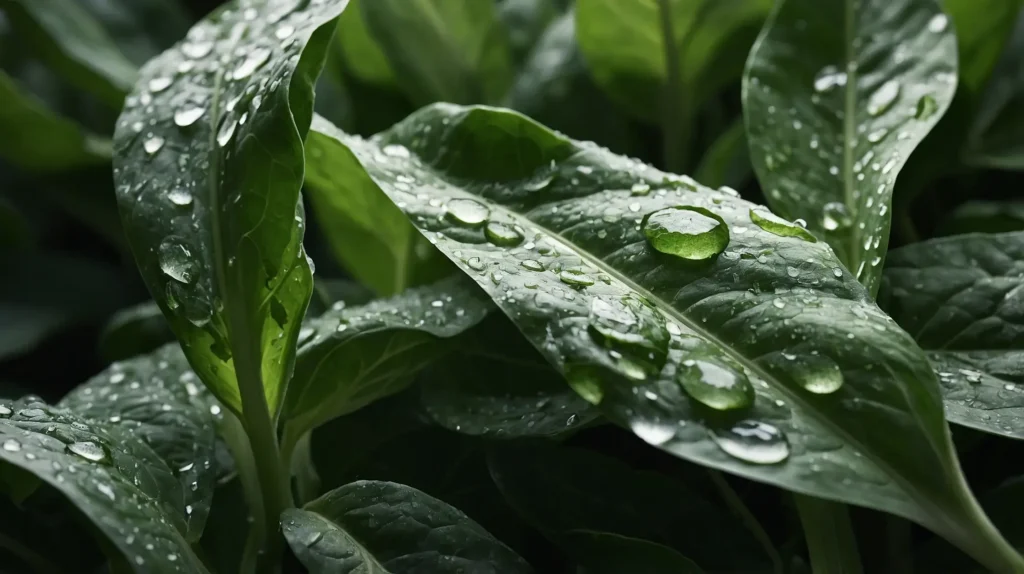 A close-up of fresh spinach leaves covered in morning dew, showcasing their vibrant green color and natural texture.