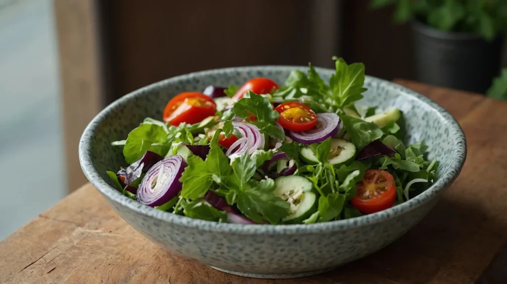 This is a colorful summer salad with cherry tomatoes, cucumbers, bell peppers, and fresh herbs in a rustic bowl.
