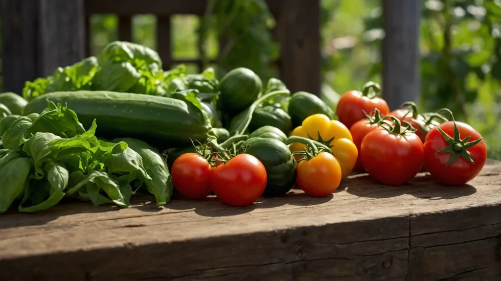 Various fresh summer vegetables, including tomatoes, cucumbers, and bell peppers, are displayed on a table under warm sunlight.