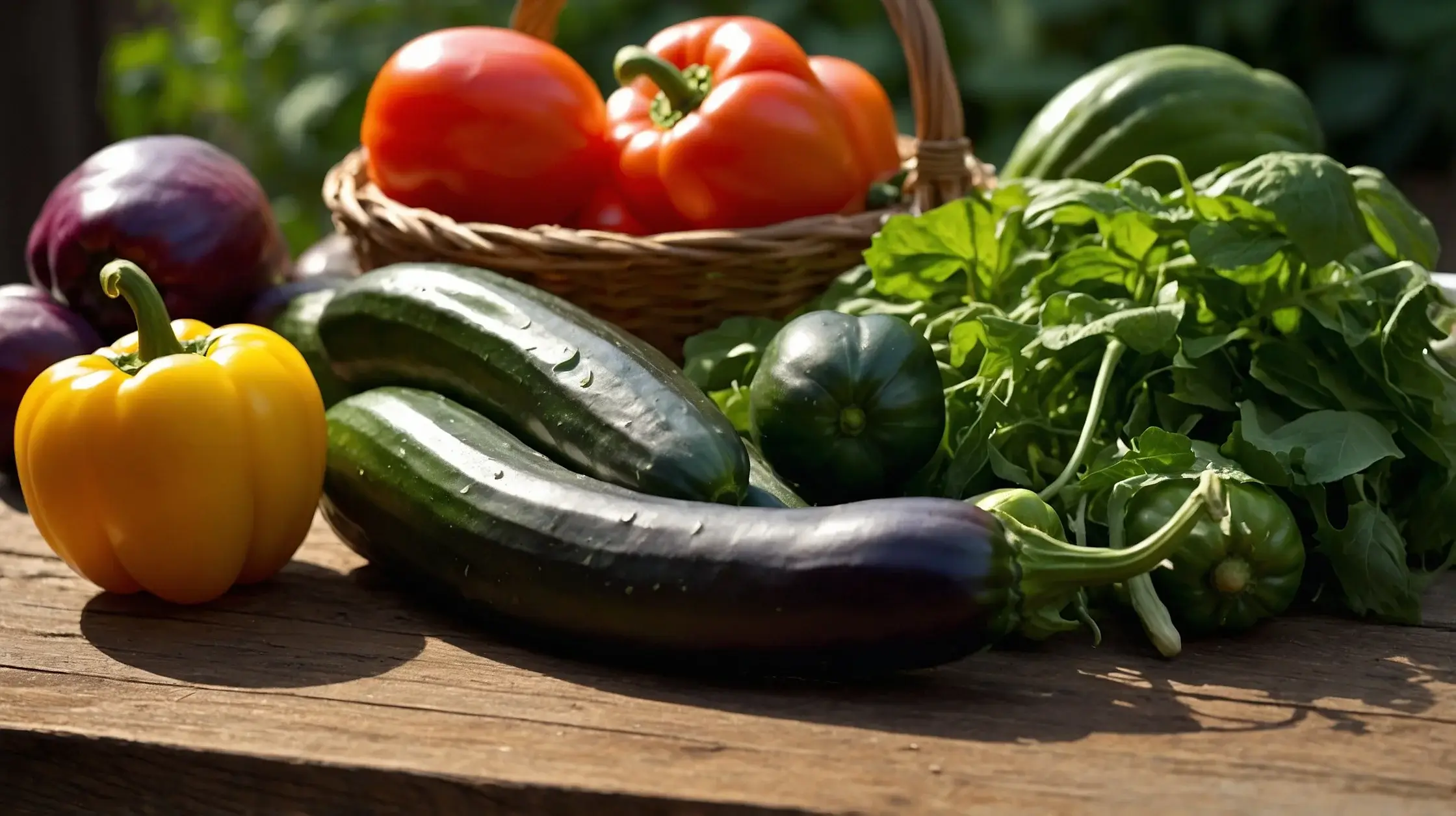 Various fresh summer vegetables, including tomatoes, cucumbers, and bell peppers, were arranged on a wooden table under bright sunlight.