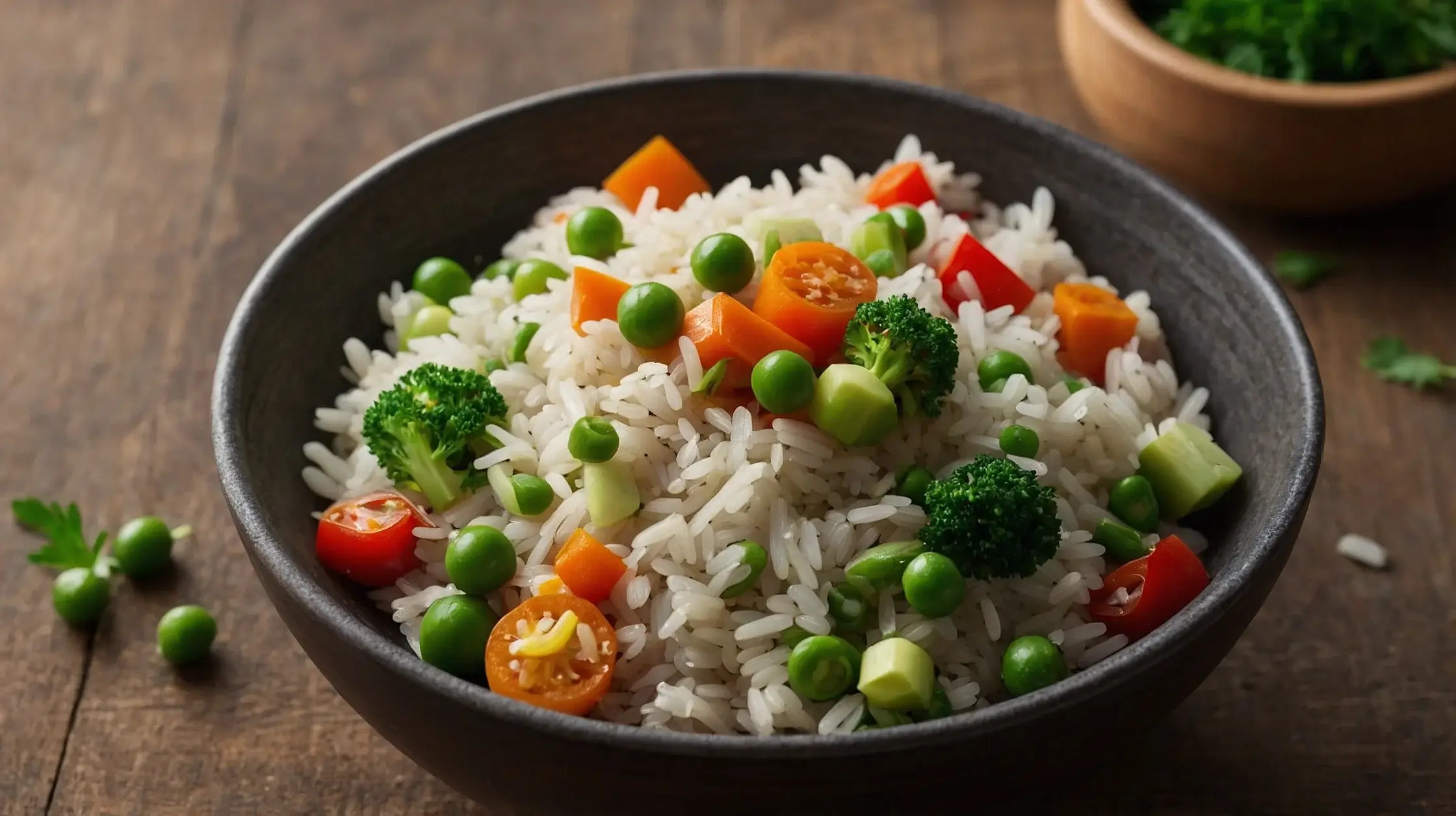 A bowl of vegetable rice with fresh carrots, peas, and bell peppers is served in a cozy, natural setting.