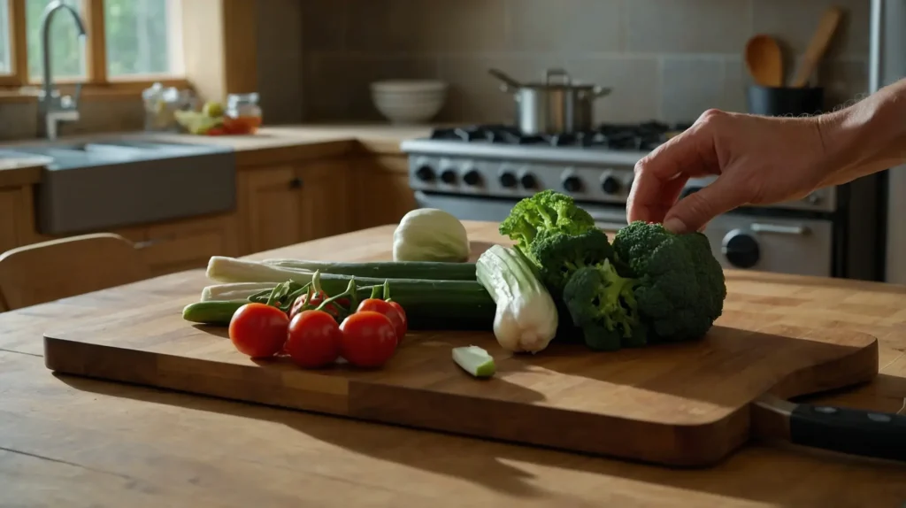 Various fresh vegetables, including broccoli, carrots, cucumbers, and bell peppers, are neatly arranged on a kitchen table.