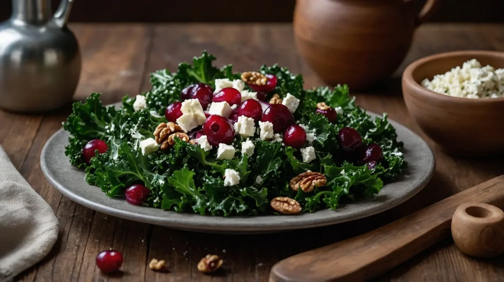 A freshly prepared winter salad with kale, cranberries, walnuts, and feta cheese, served in a rustic bowl on a wooden table.