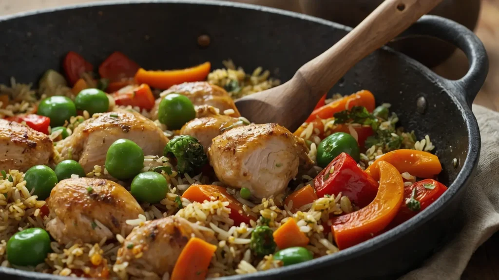 A steaming one-pot chicken and vegetable rice dish with golden-brown chicken, fluffy rice, and colorful vegetables.