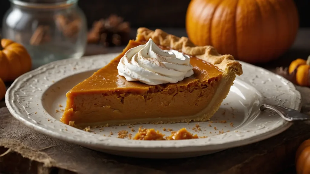 A freshly baked pumpkin pie on a rustic table with a golden crust, topped with whipped cream.