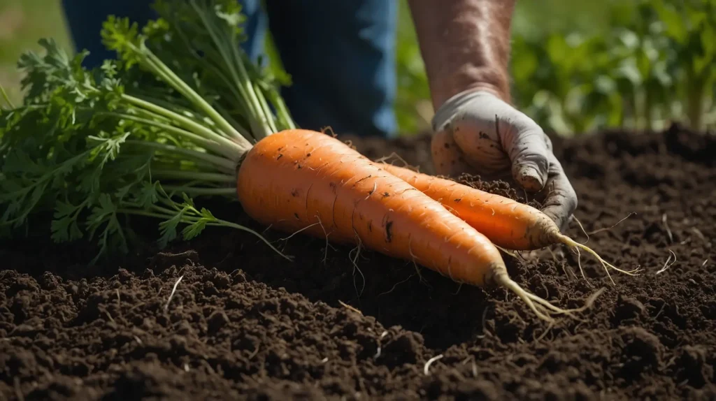 A freshly harvested carrot lying on rich garden soil, with its green tops still attached, showcasing its natural texture and freshness.