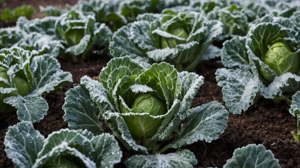 Fresh kale and Brussels sprouts covered in frost, growing in a winter garden, showcase their cold-weather resilience.