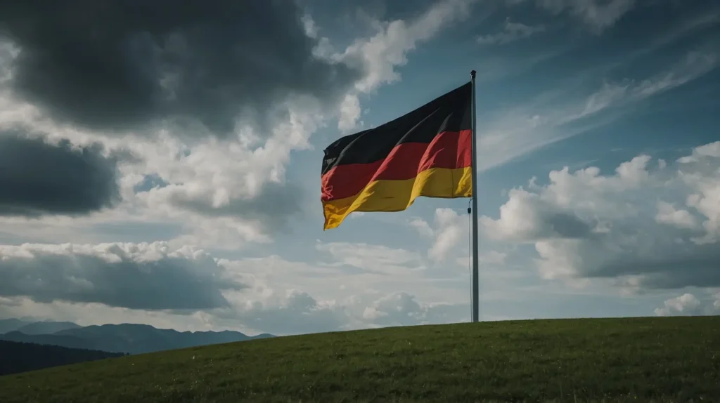 The German flag waving in an open field under a bright sky, symbolizing German culture and language.