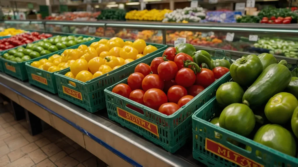 A grocery store display featuring fresh tomatoes, cucumbers, and bell peppers, neatly arranged in wooden crates.