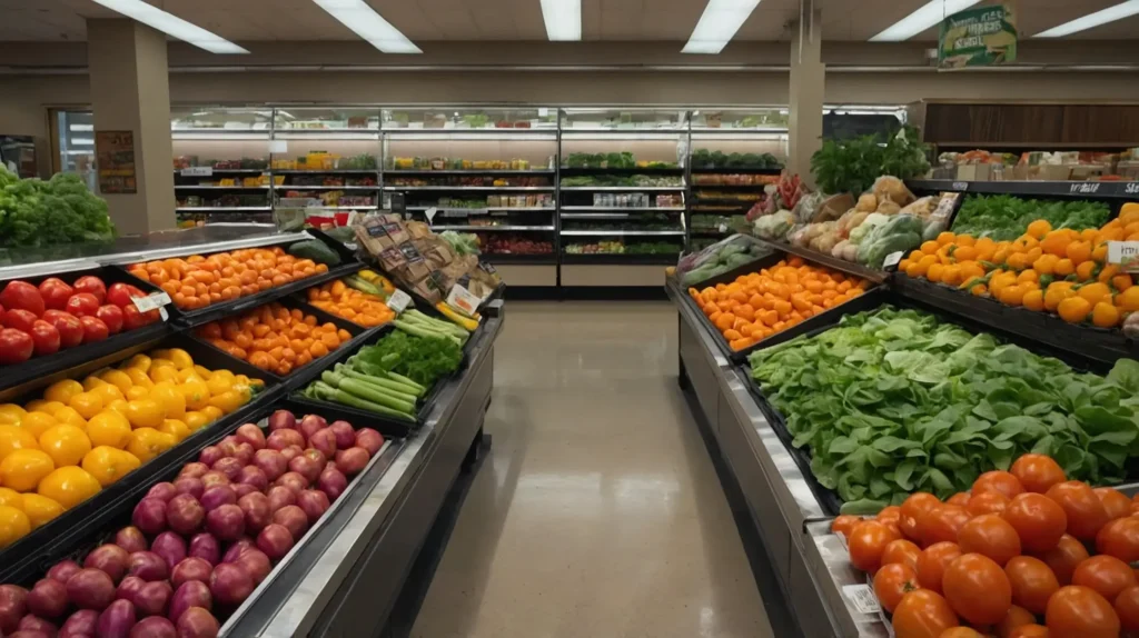 A well-organized grocery store section displaying fresh vegetables like carrots, tomatoes, and lettuce, neatly labeled with names and prices.