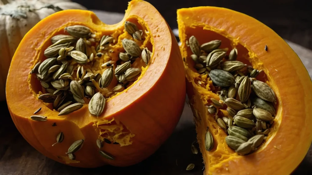A fresh pumpkin cut in half reveals its bright orange flesh and seeds inside on a wooden table.