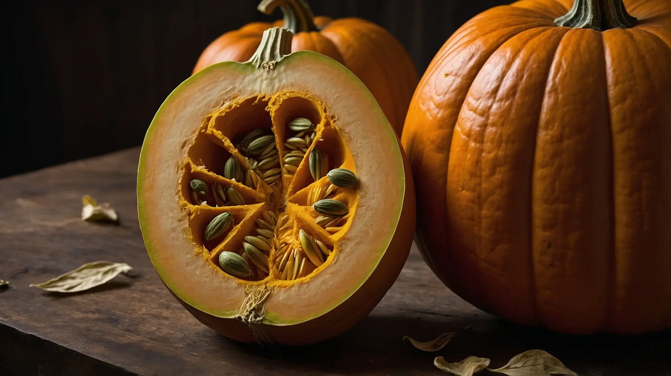 A fresh pumpkin cut in half on a wooden table, revealing its bright orange flesh and seeds inside.