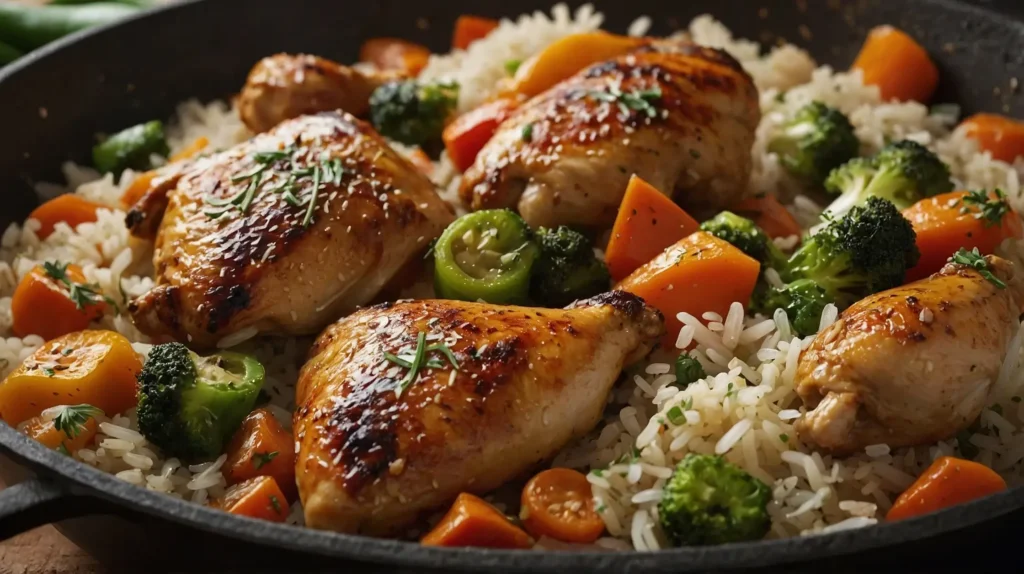 A steaming one-pot chicken and vegetable rice dish with golden-brown chicken, carrots, peas, and bell peppers.