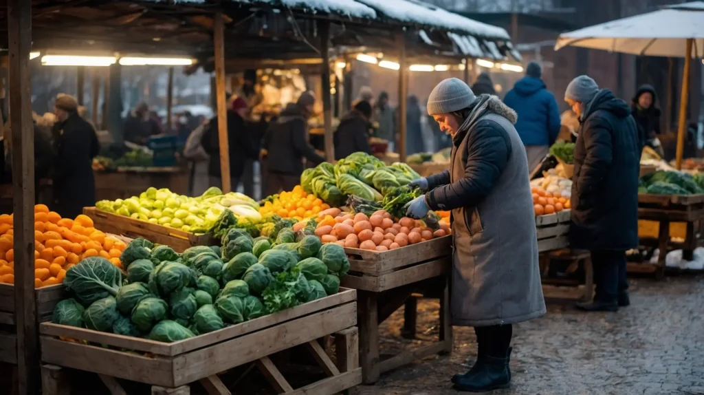 An open-air vegetable market in winter, featuring fresh cabbages, carrots, and root vegetables with light snow on the ground.
