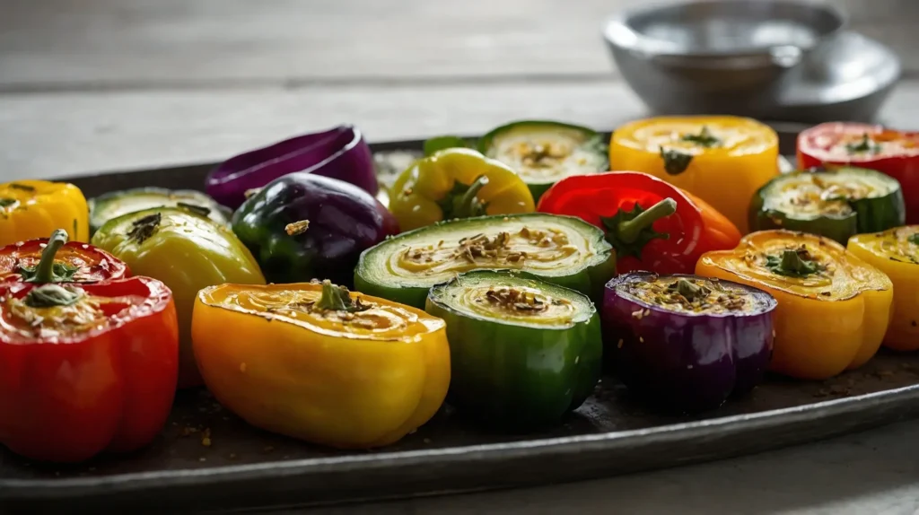 A plate of roasted vegetables garnished with fresh herbs, including carrots, bell peppers, zucchini, and Brussels sprouts.