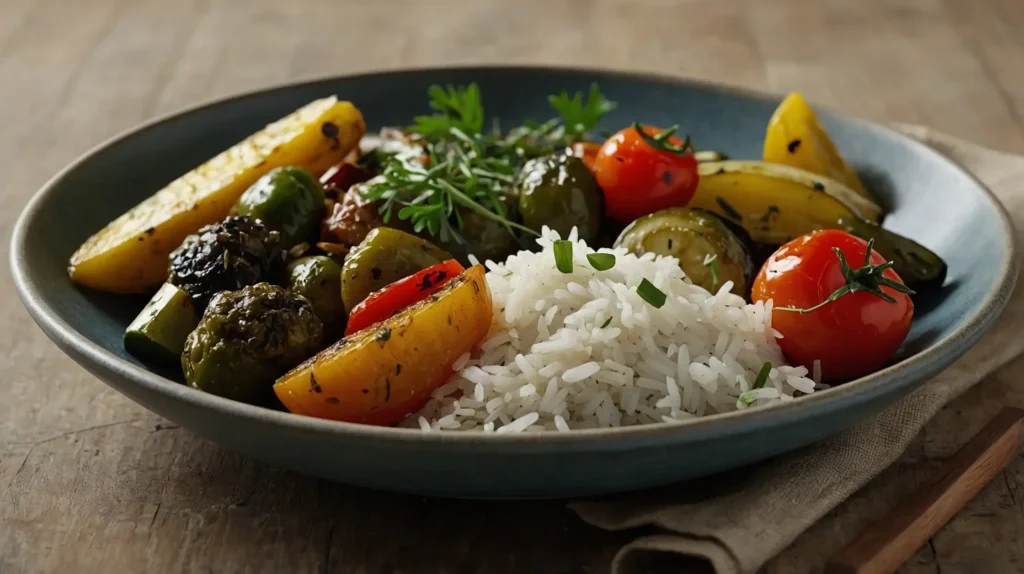 A platter of roasted vegetables and fluffy rice, garnished with fresh herbs, served on a rustic wooden table.