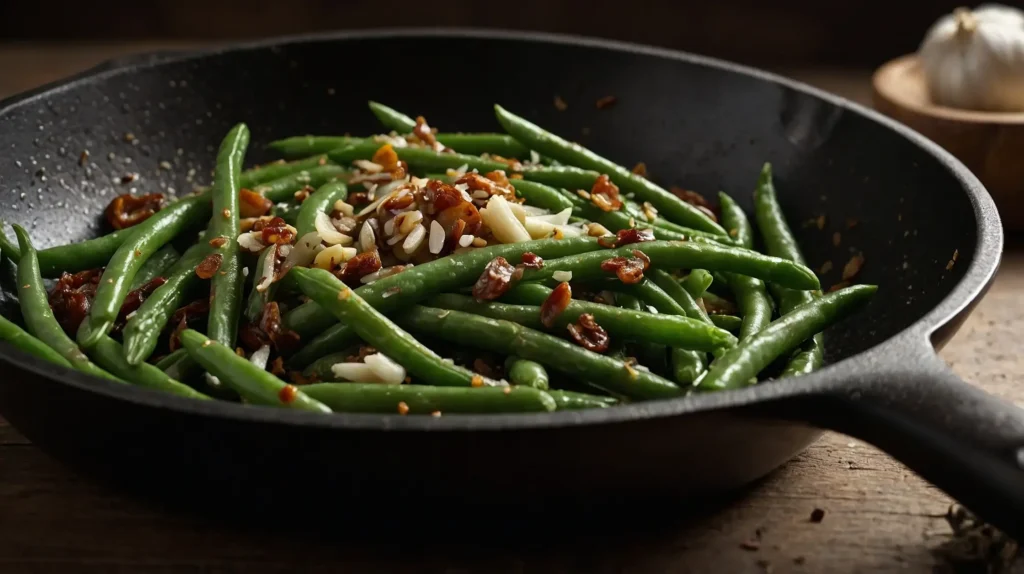 A skillet filled with sautéed green beans and golden-brown garlic, glistening with olive oil and seasoned with spices.
