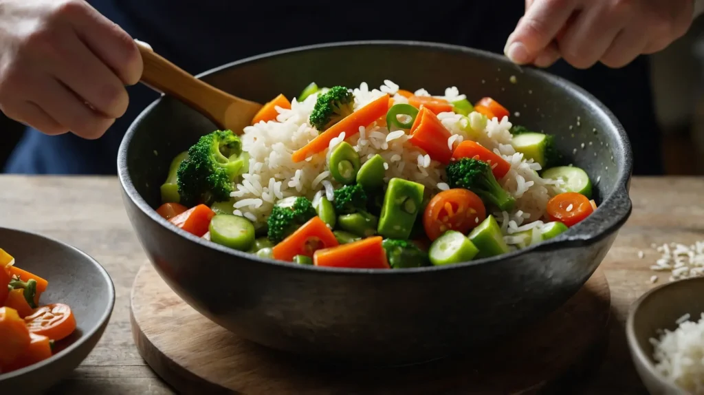 A close-up of sautéed vegetables, including bell peppers and carrots, being mixed into steaming rice.