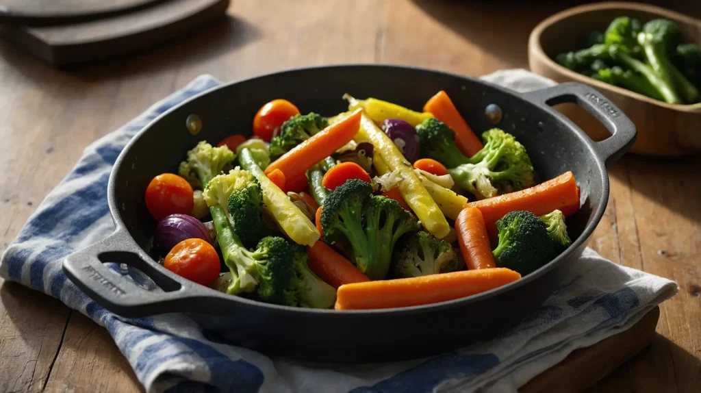 A frying pan with sautéed vegetables alongside a bowl of steamed vegetables highlights different cooking methods.
