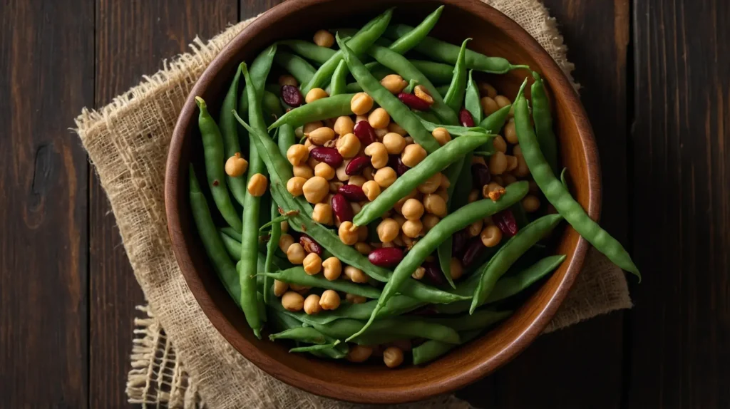 A visual comparison of dried beans in a wooden bowl and fresh green beans in pods, highlighting texture differences.
