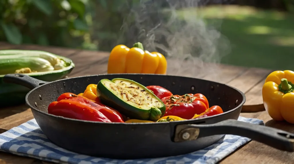A steaming pan filled with grilled vegetables, including bell peppers and zucchini, was placed on an outdoor table.