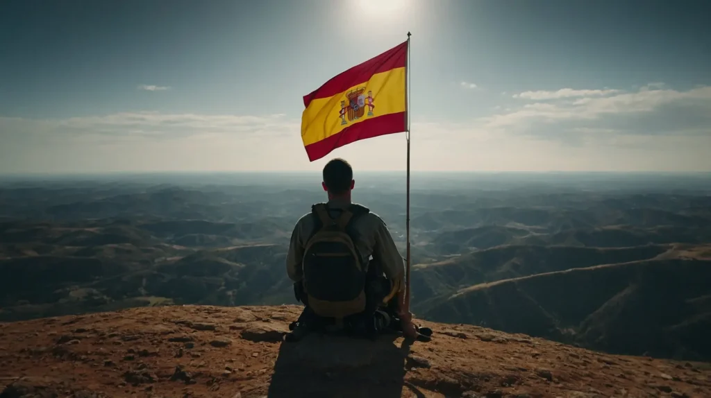 The Spanish flag waving in the wind while a person sits nearby, symbolizing Spain’s culture and language.