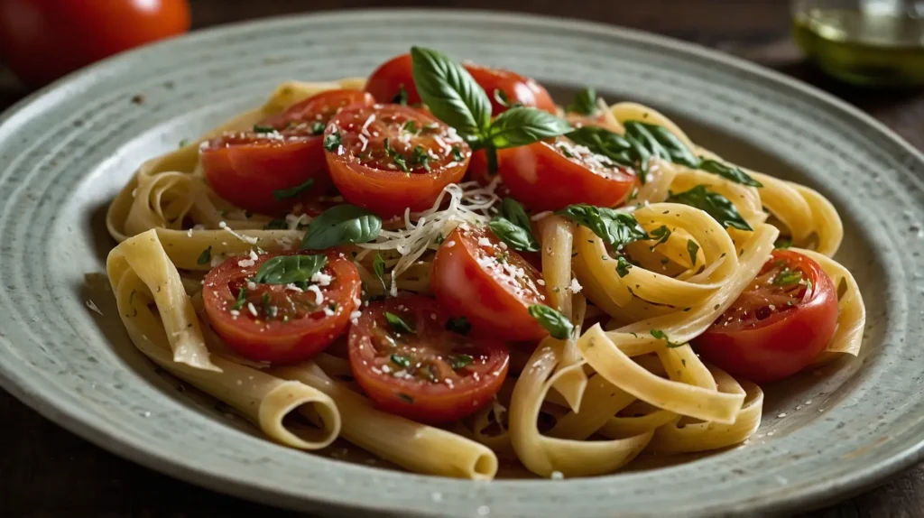 A close-up of pasta coated in a rich tomato sauce, topped with fresh basil and Parmesan cheese.