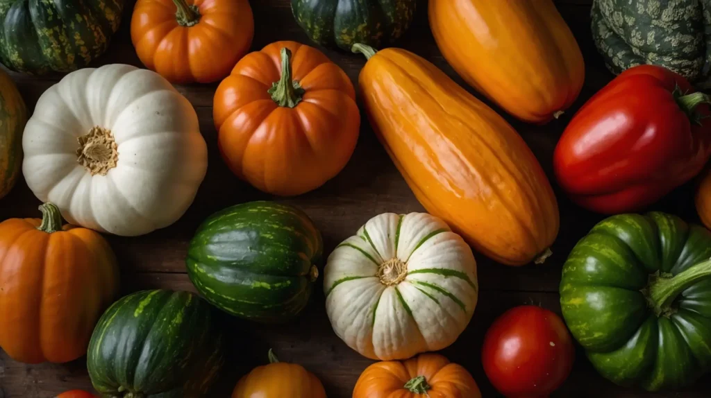 Various pumpkins in different colors, including orange, green, and white, were arranged on a rustic wooden table and captured from above.