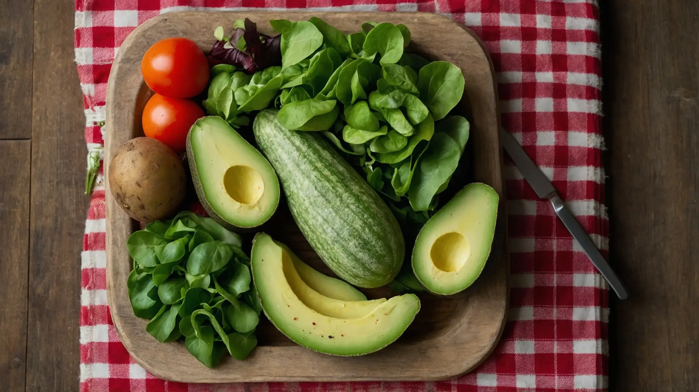 A plate filled with various fresh vegetables, including leafy greens, carrots, cucumbers, and avocados, viewed from above.