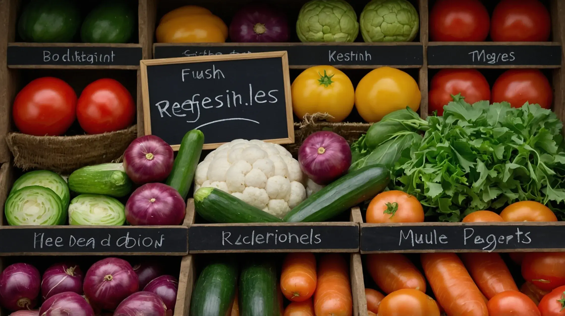 A market stall with fresh vegetables labeled in different languages, including English, French, and Arabic.