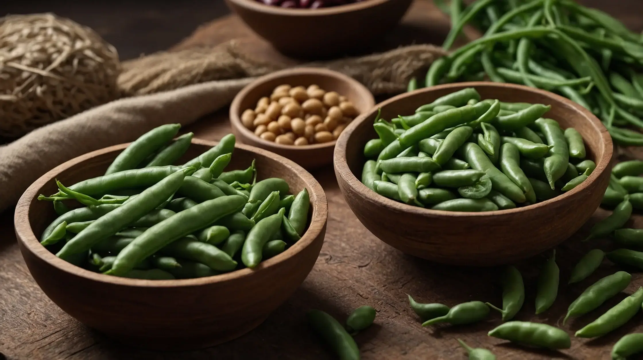 Small wooden bowls filled with fresh green bean pods are arranged on a rustic table with soft, natural lighting.