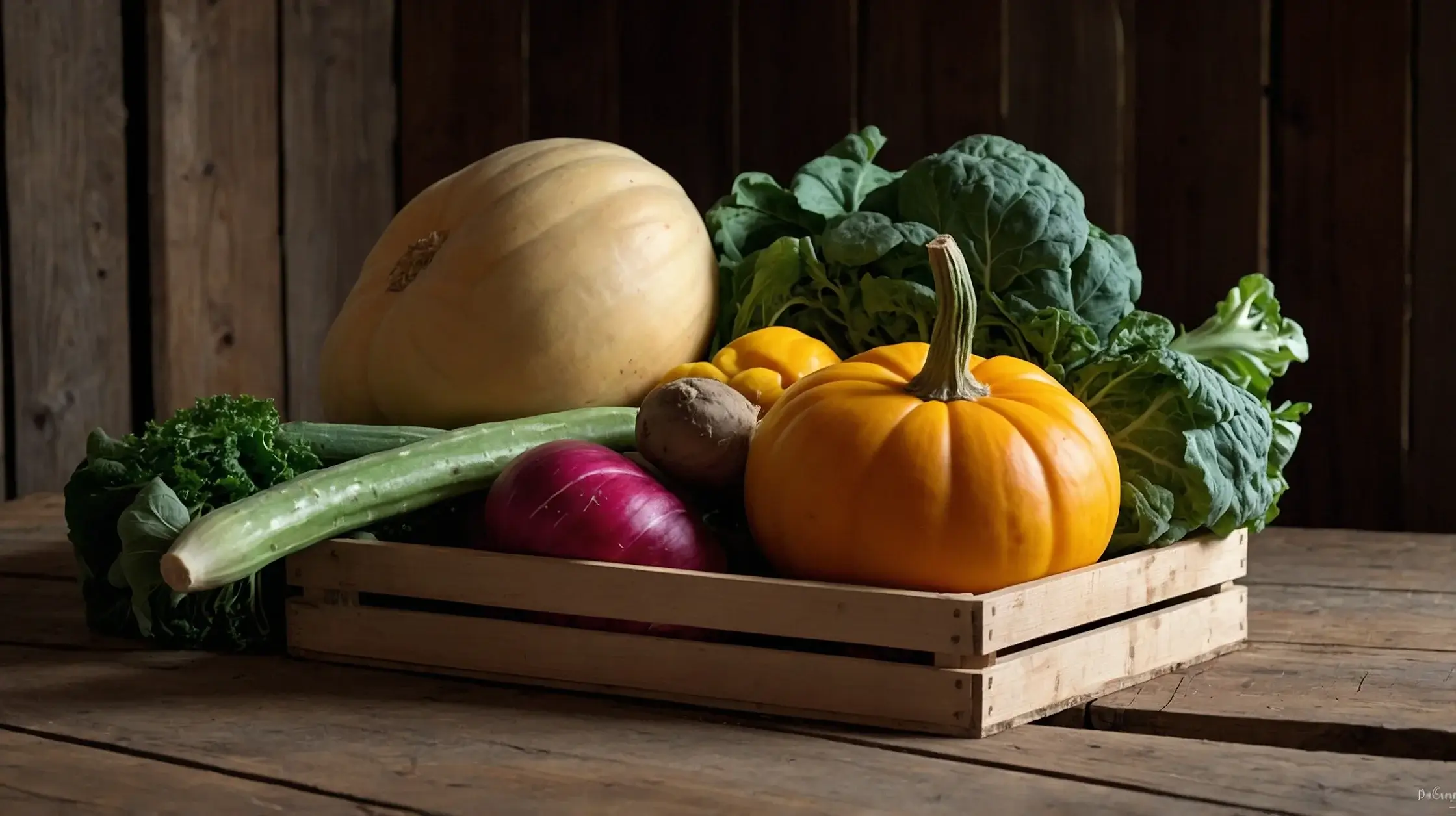 A rustic wooden crate filled with winter vegetables, such as carrots, cabbage, and Brussels sprouts, is placed on a wooden table.